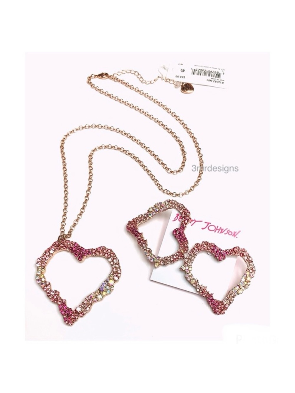 NWT Betsey J. 💋IN LOVE HEART Rose Gold Tone Metal Crystals Earrings & Necklace